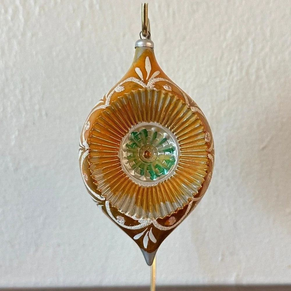 Vtg Gold Italian Unbreakable Indent Reflector Teardrop Christmas Ornament 4.5